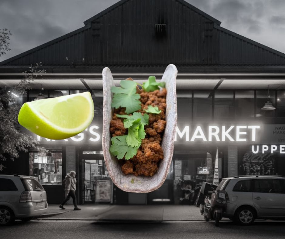 Floating taco outside Nag’s Head Market, home of Proper Tacos serving authentic tacos in London