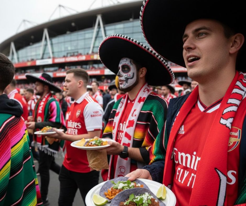 English Arsenal fans walking out of Emirates Stadium holding authentic Mexican street tacos made with blue or purple corn tortillas.