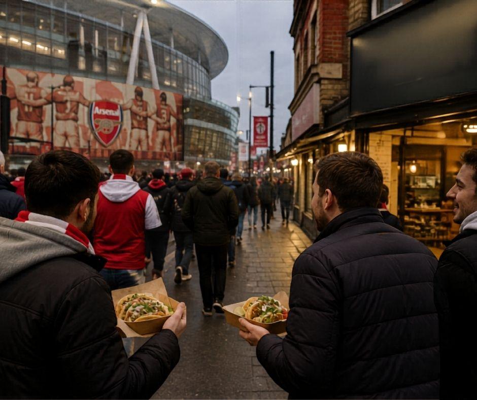football fans walking from Emirates Stadium with takeaway tacos after an Arsenal game