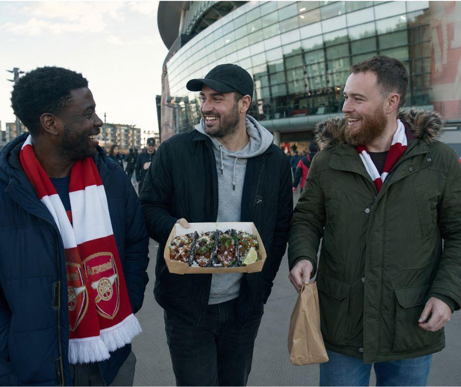 friends near Arsenal Stadium planning to eat handmade tacos at Proper Tacos after the match