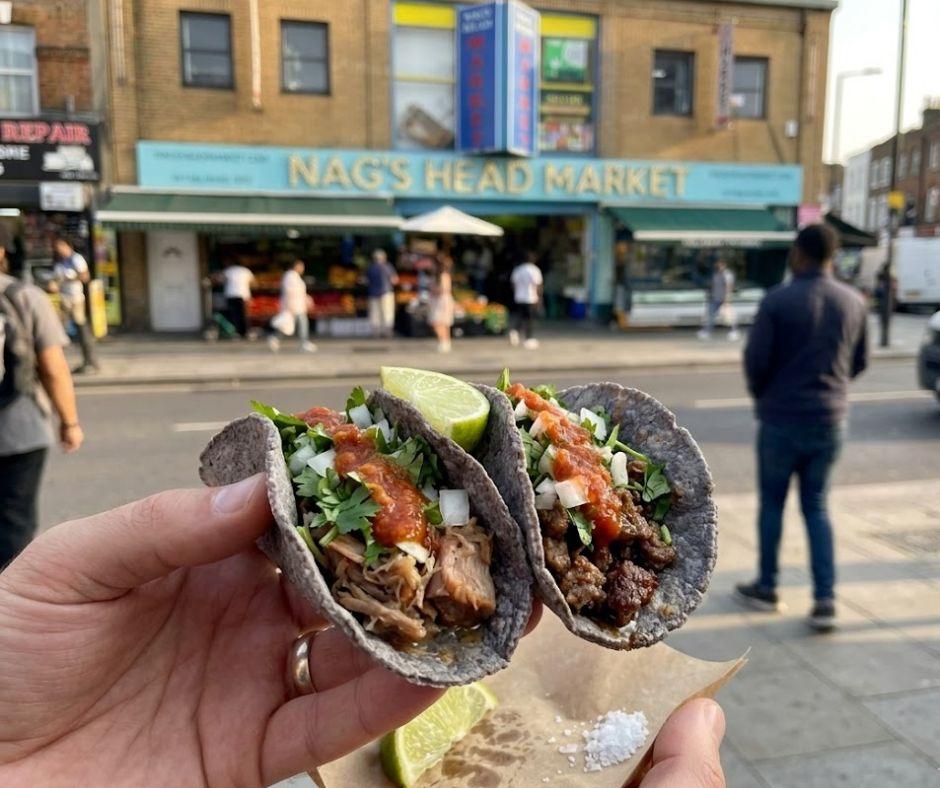 Proper Tacos Holloway handmade blue corn tacos held outside Nag’s Head Market on Seven Sisters Road