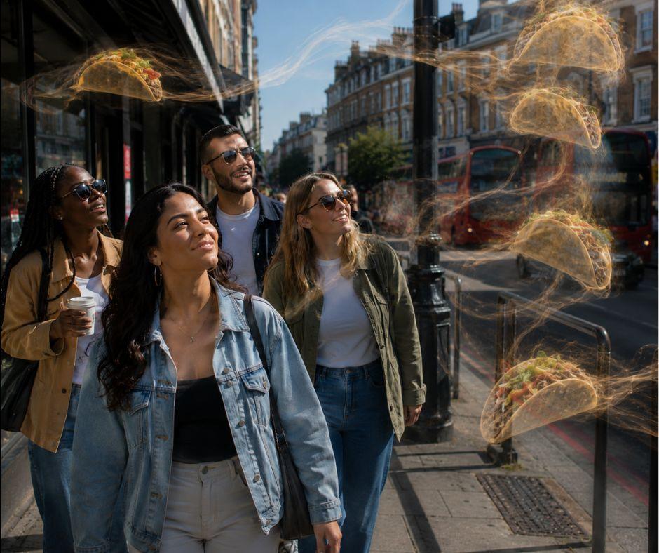 a group of friends on Holloway Road following visible taco shaped aroma towards Proper Tacos